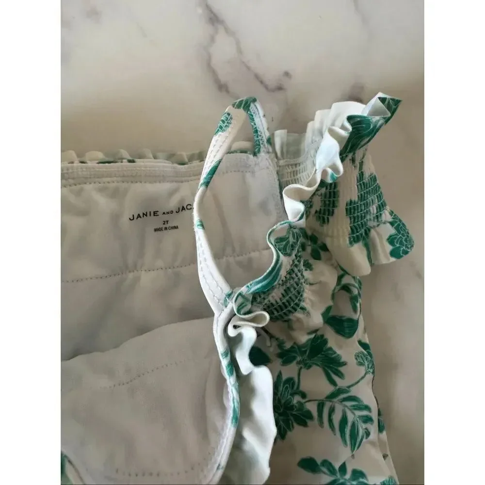 Janie & Jack girls 2T Alhambra white green floral smocked one piece swimsuit col